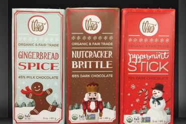 Theo Gingerbread Spice, Nutcracker Brittle, and Peppermint Stick Chocolate Bars