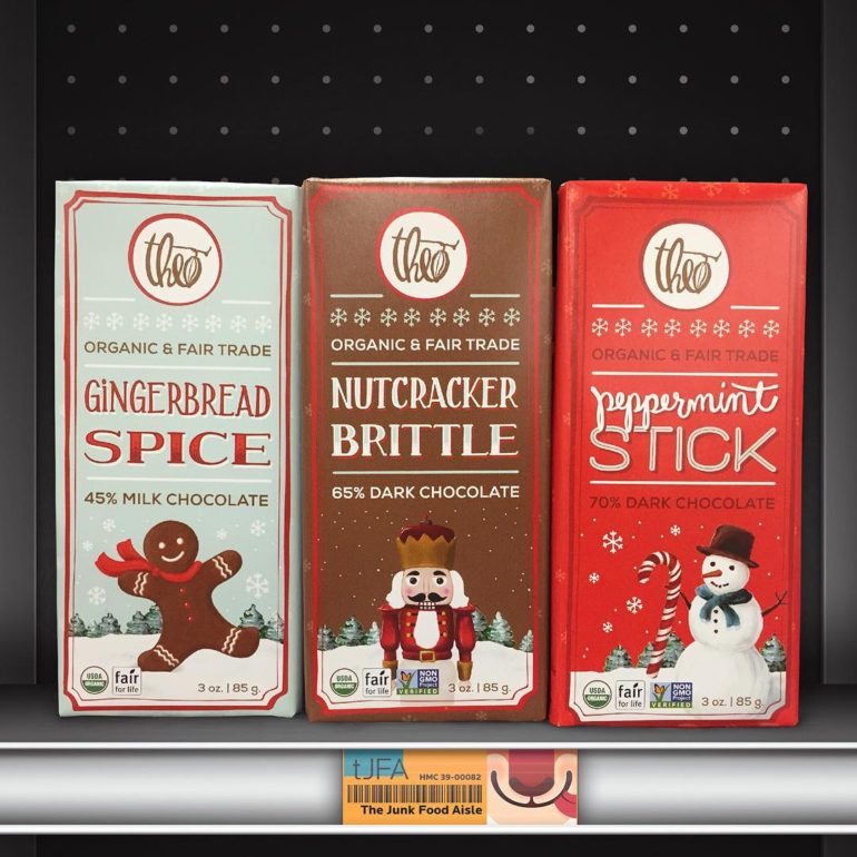 Theo Gingerbread Spice, Nutcracker Brittle, and Peppermint Stick Chocolate Bars